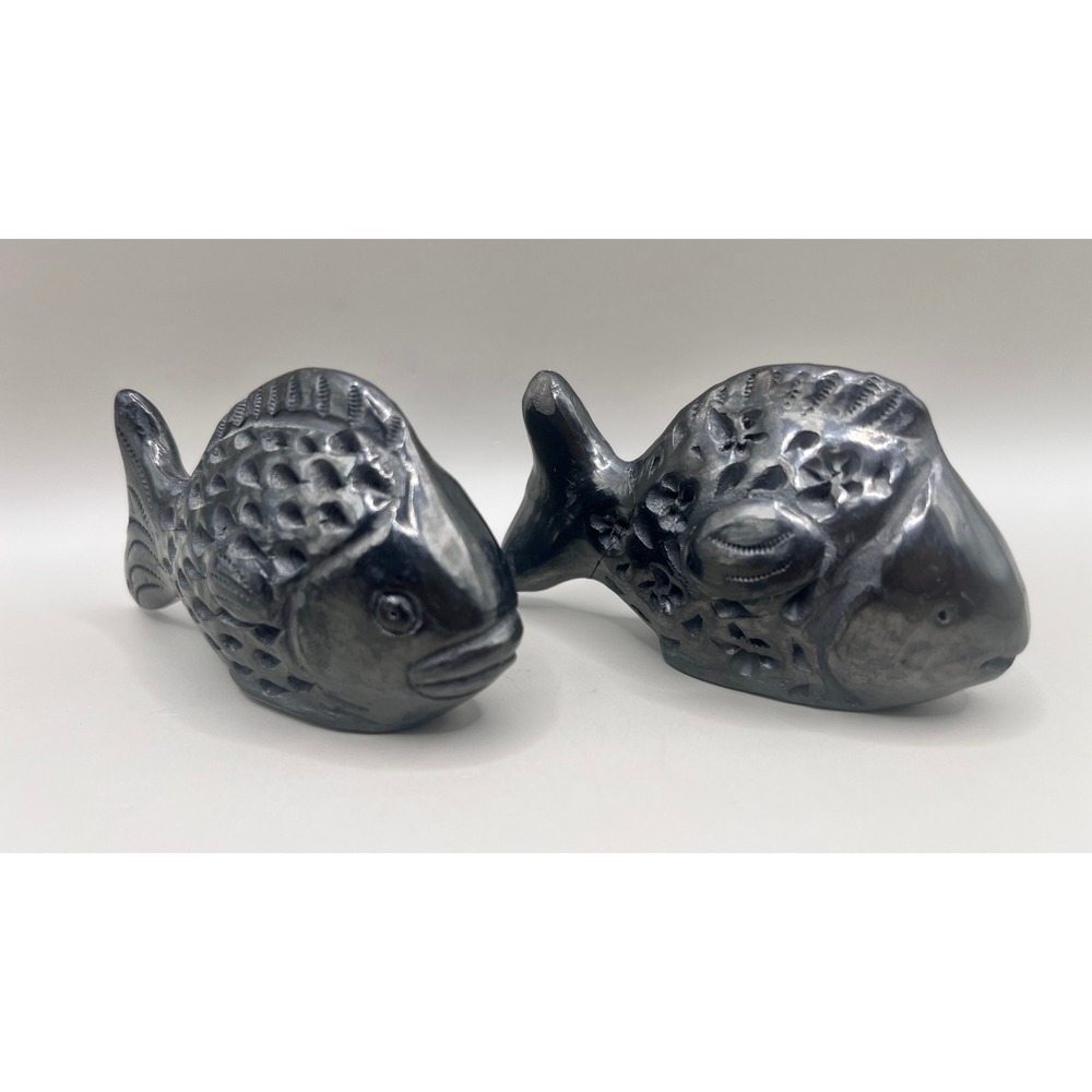 Mexican Barro Negro Black Clay Fish Figurines Oaxaca Folk Art Hand Incised Set 2